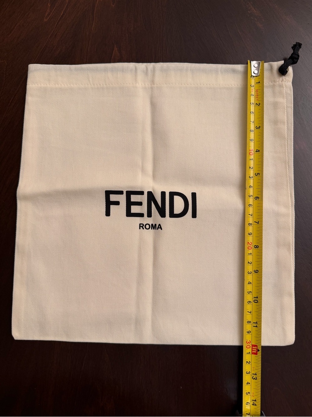 Fendi Cream Canvas Drawstring Pouch with Black Logo 12.5 x12.5